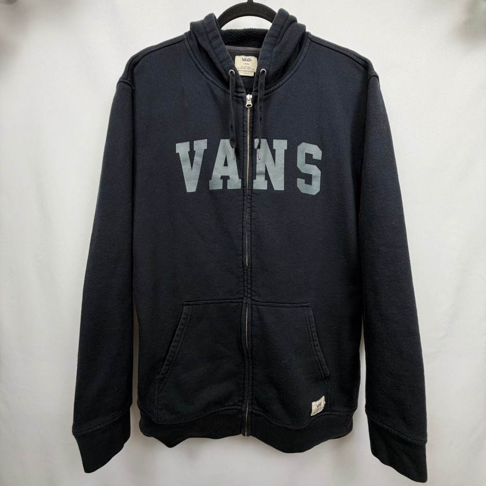 Vans Mens Large Full Zip Hoodie Black Grey Block Logo Fleece Sweatshirt